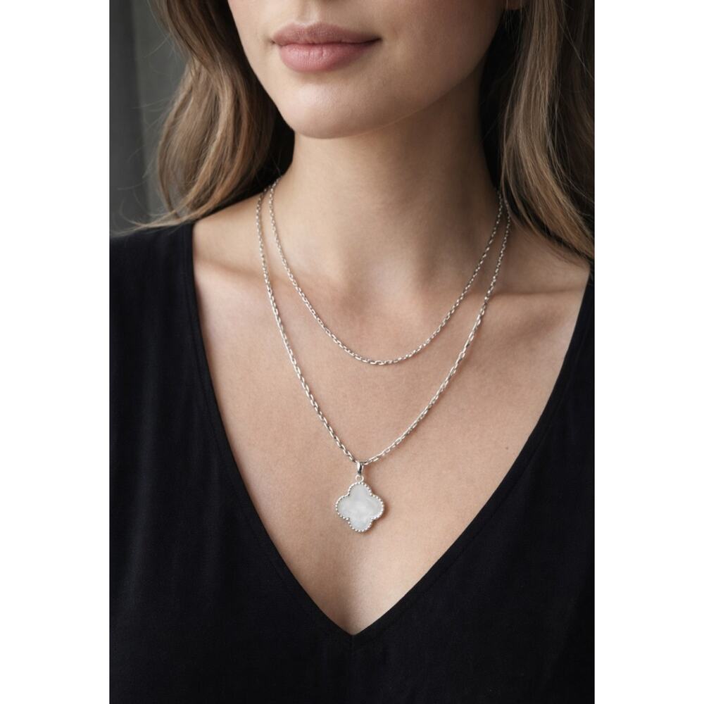 Pomina Silver White Clover Double Layer Necklace New